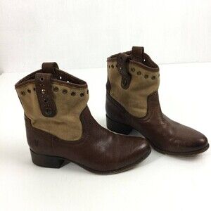 Frye Booties Brown Leather Canvas Grommet Rivet Short Ankle Western Boots Sz 5.5